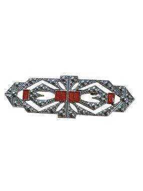 Vintage Art Deco Silvertone Enamel Brooch Collar Pin 2.5"x1"